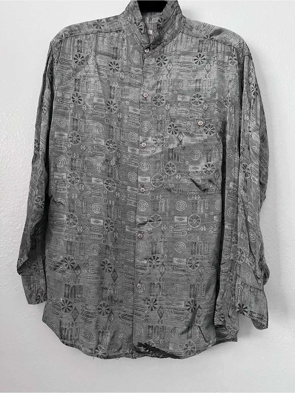 Vintage GOOUCH 90s Gray Rayon Abstract Shirt Men S